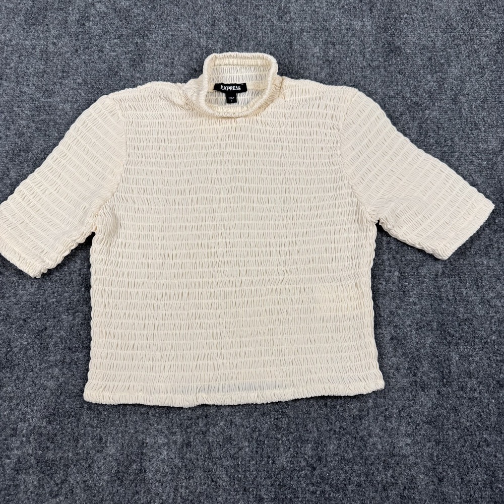 Epress Womens Small Ivory Color Smocked Mock Neck Cropped Top Short Sleeve 0006